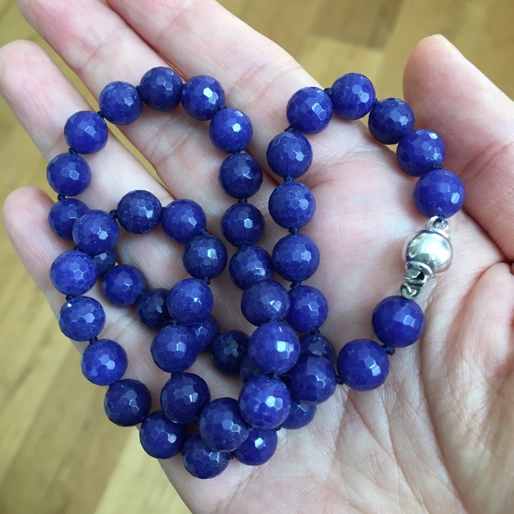 Blue faceted chalcedony bead 925 silver necklace